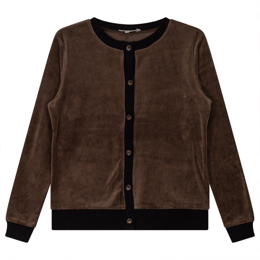 Velour Round Neck Cardigan in Coffee by Vivid