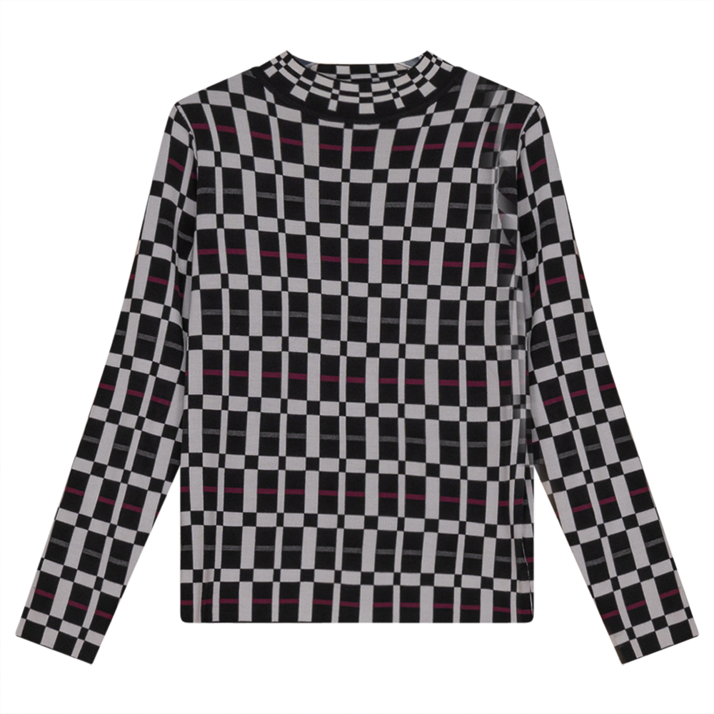 Mock Neck Checked Knit Sweater in Black Multi Color by Vivid
