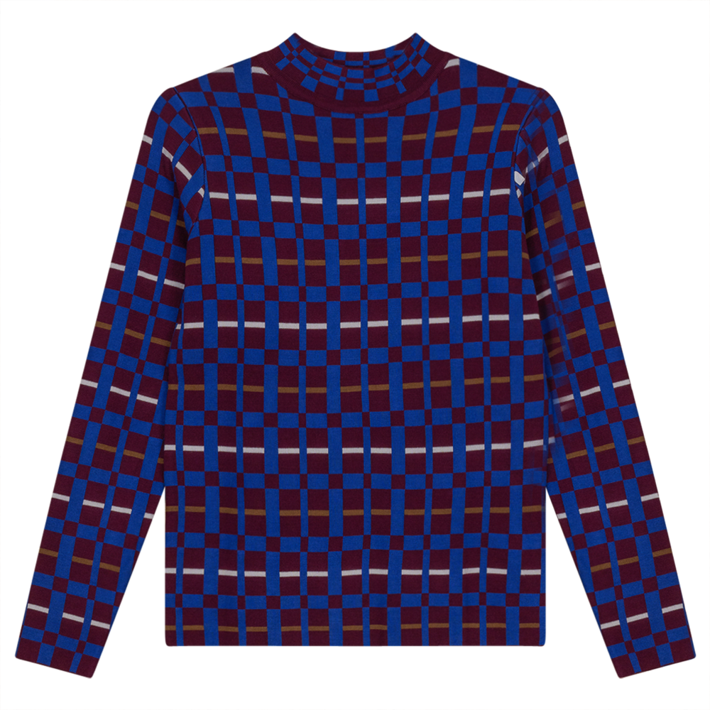 Mock Neck Checked Knit Sweater in Wine Multi Color by Vivid