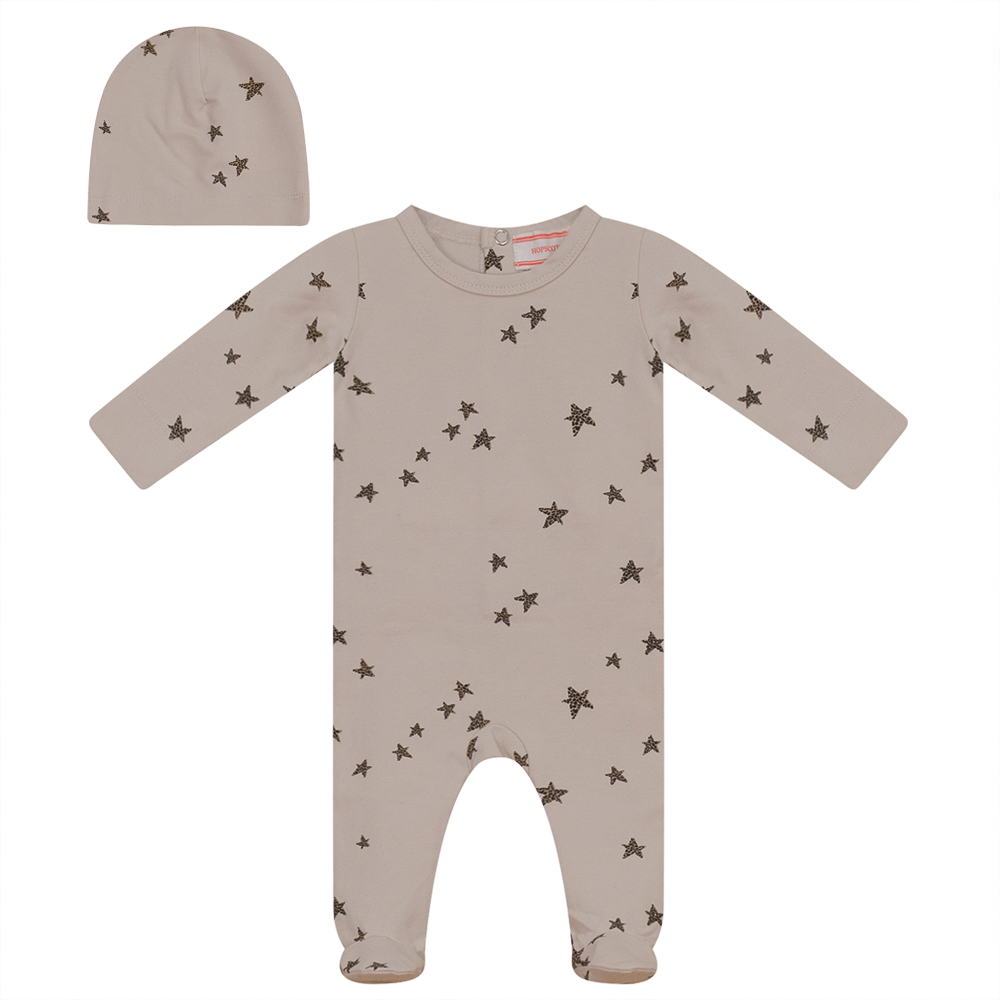 Star Print Onesie With Hat in Dark Almond by Hopscotch