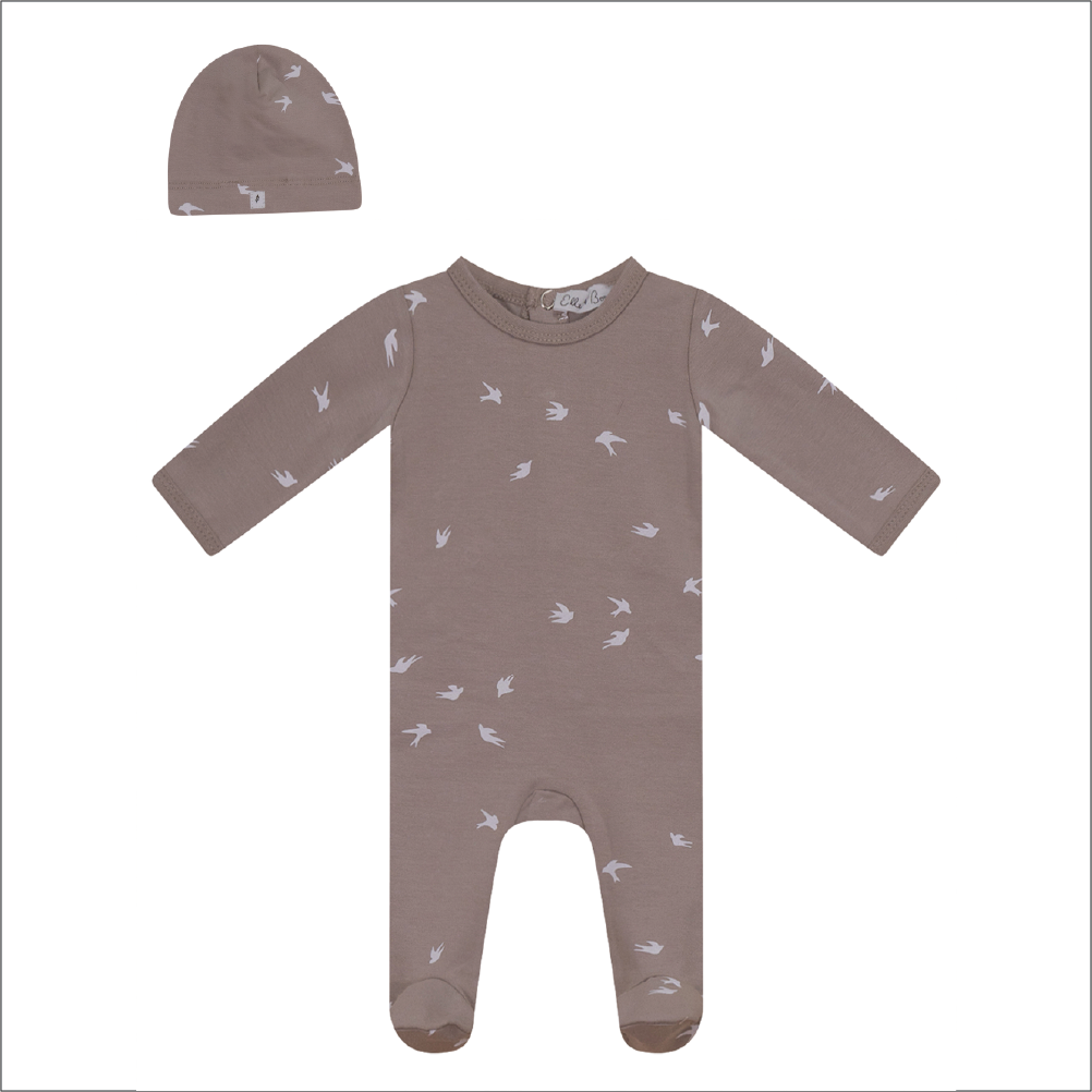 Bird Print Onesie With Hat in Beige by Elle & Boo