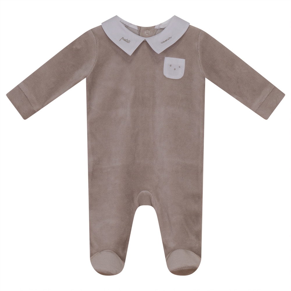 Embroidered "Petit Coeur" Velour Onesie in Beige by So Loved