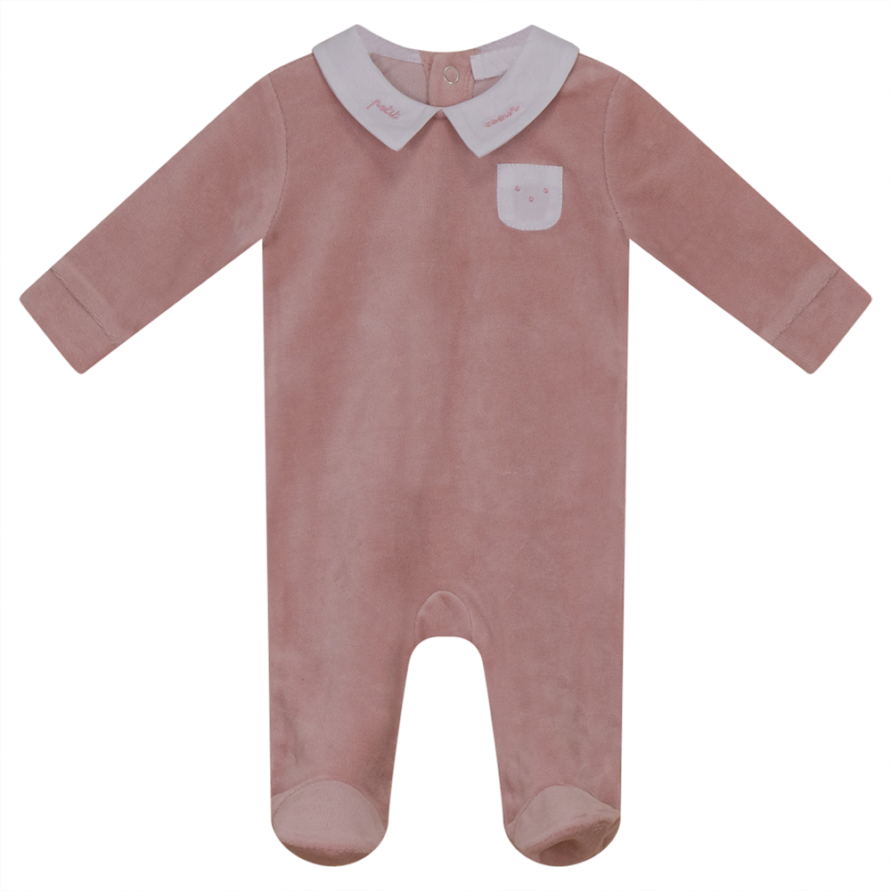 Embroidered "Petit Coeur" Velour Onesie in Petal by So Loved