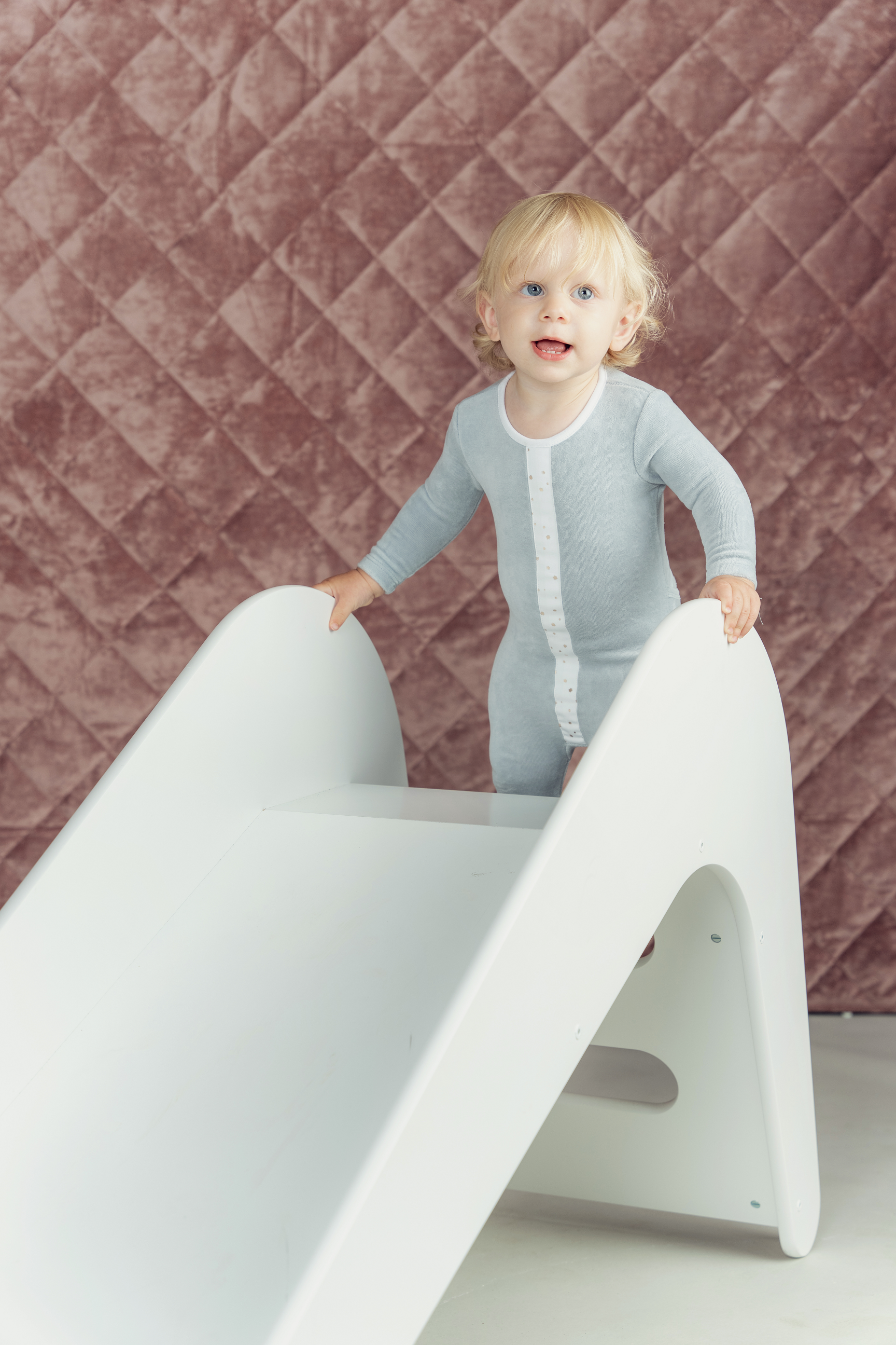 White And Gold Stars Print Velour Onesie in by Fragile