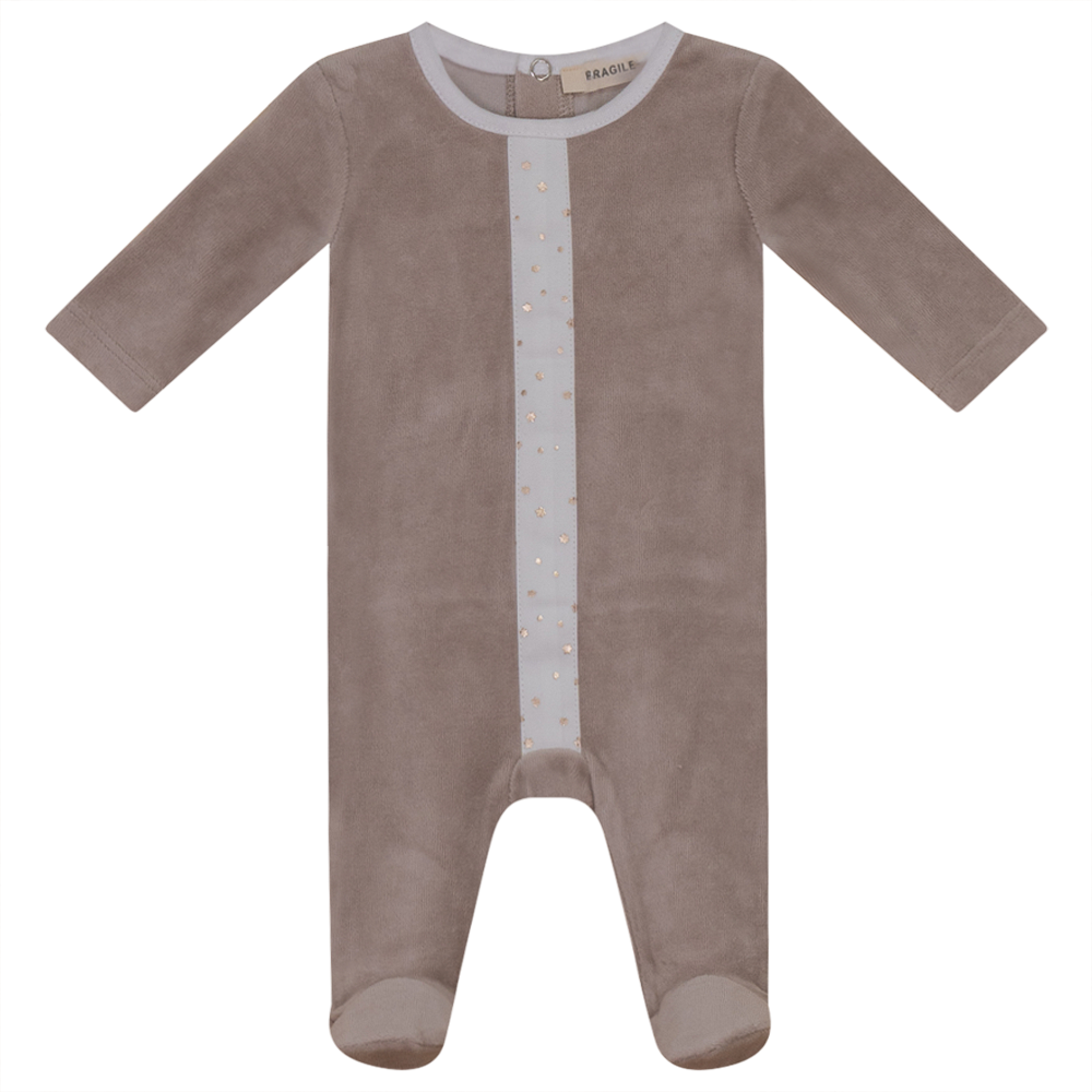 White And Gold Stars Print Velour Onesie in Beige by Fragile