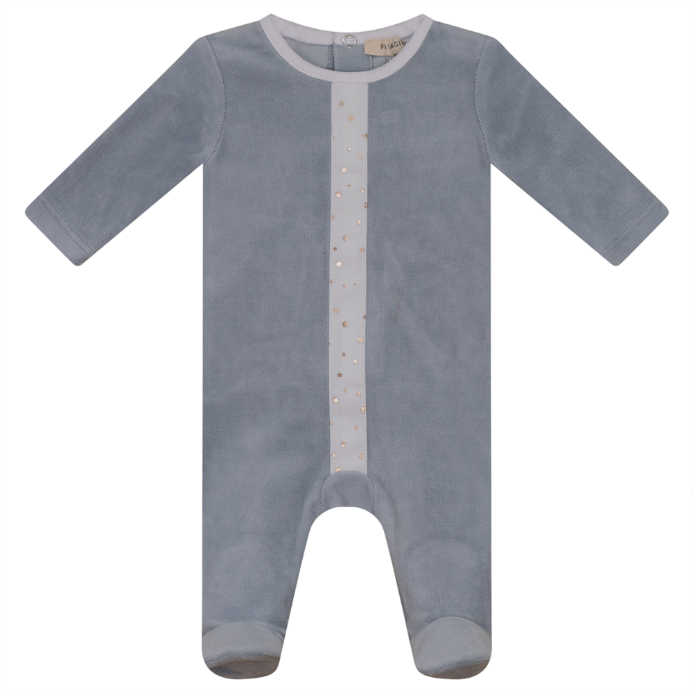 White And Gold Stars Print Velour Onesie in Blue by Fragile