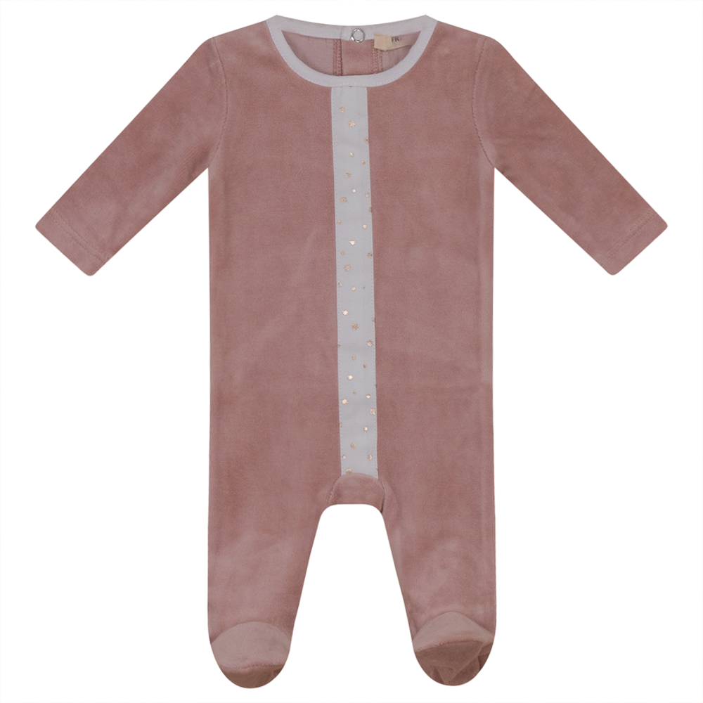 White And Gold Stars Print Velour Onesie in Petal by Fragile