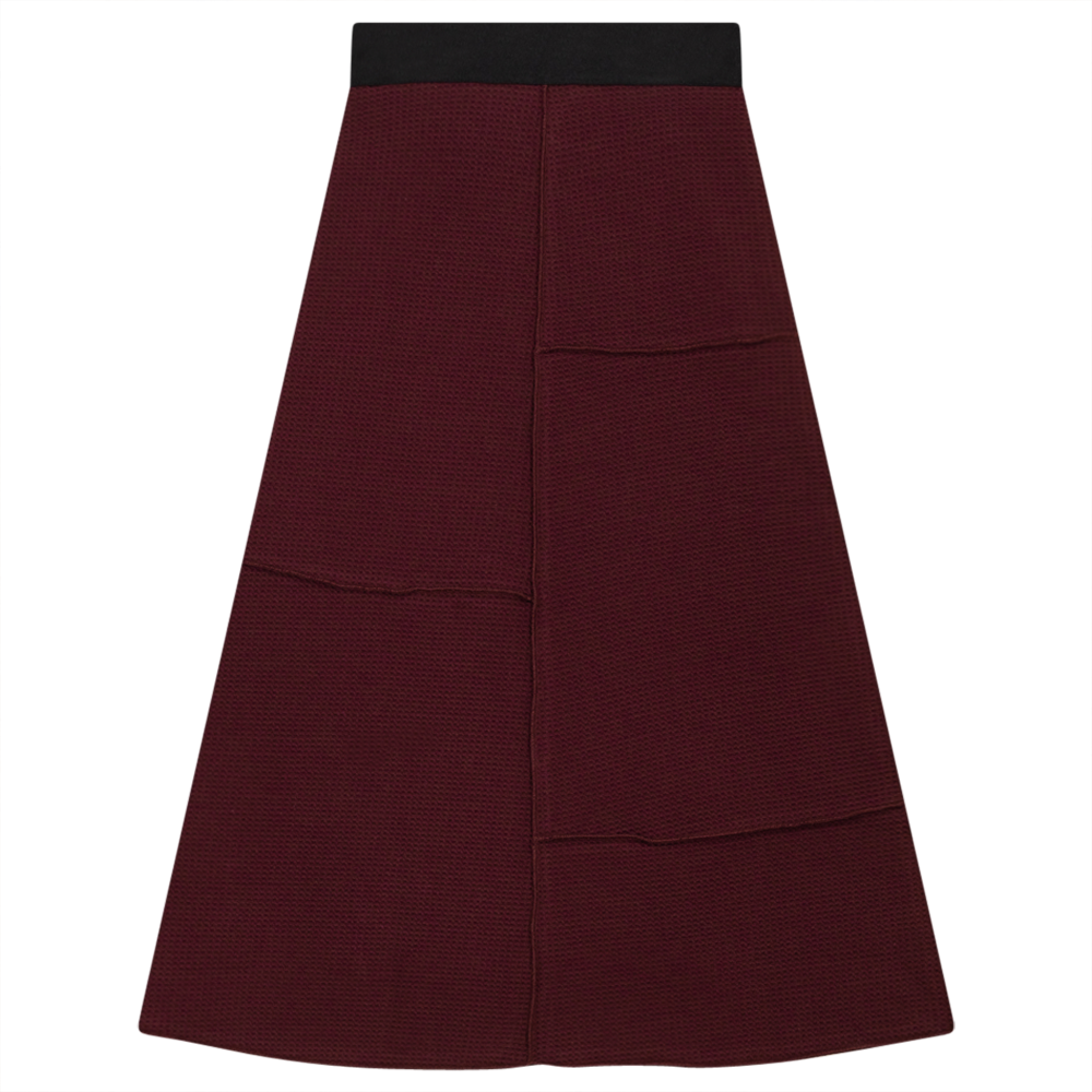 Asymmetric Cut Waffle Long Skirt in Wine by FYI