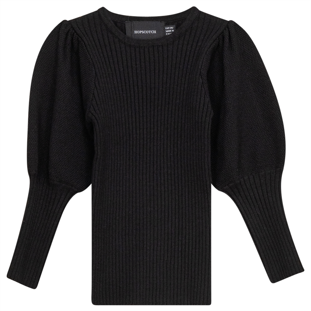Rib Knit Top With Puff Sleeves in Black by Hopscotch