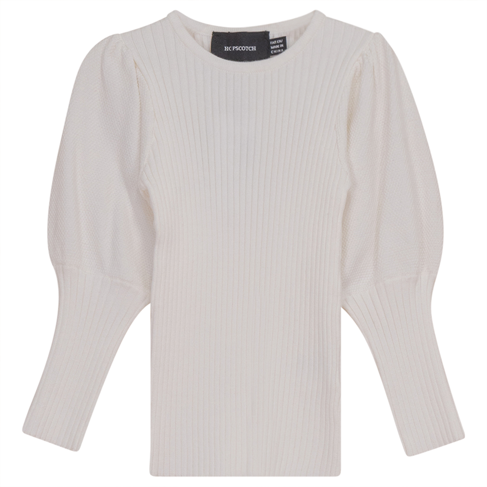 Rib Knit Top With Puff Sleeves in Off White by Hopscotch
