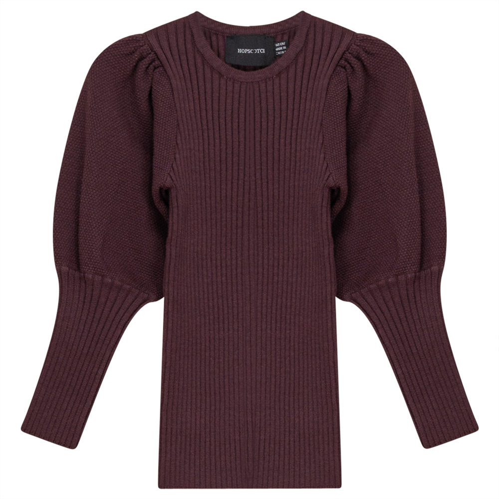 Rib Knit Top With Puff Sleeves in Wine by Hopscotch