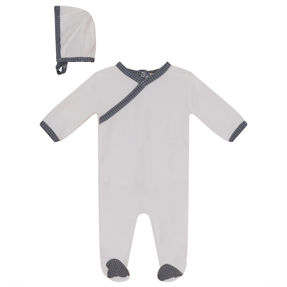 V-Neck Velour Onesie With Hat in Off White Blue by Fragile