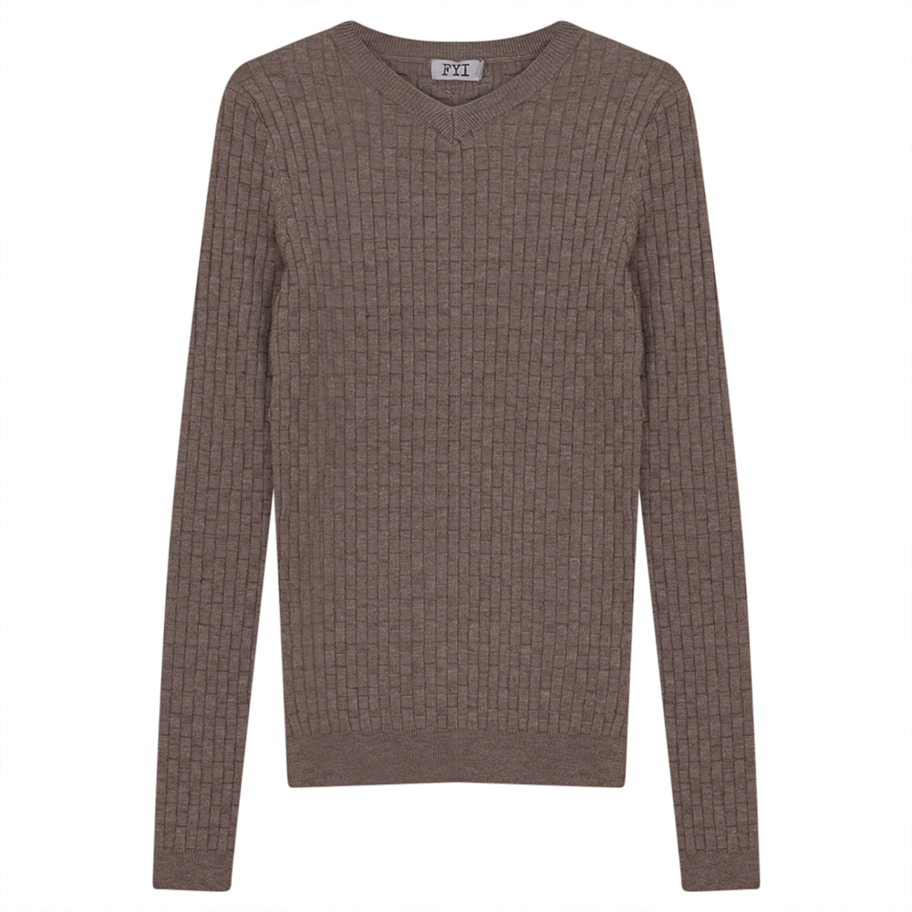 Knit Textured V-Neck Top in Taupe Mix by FYI