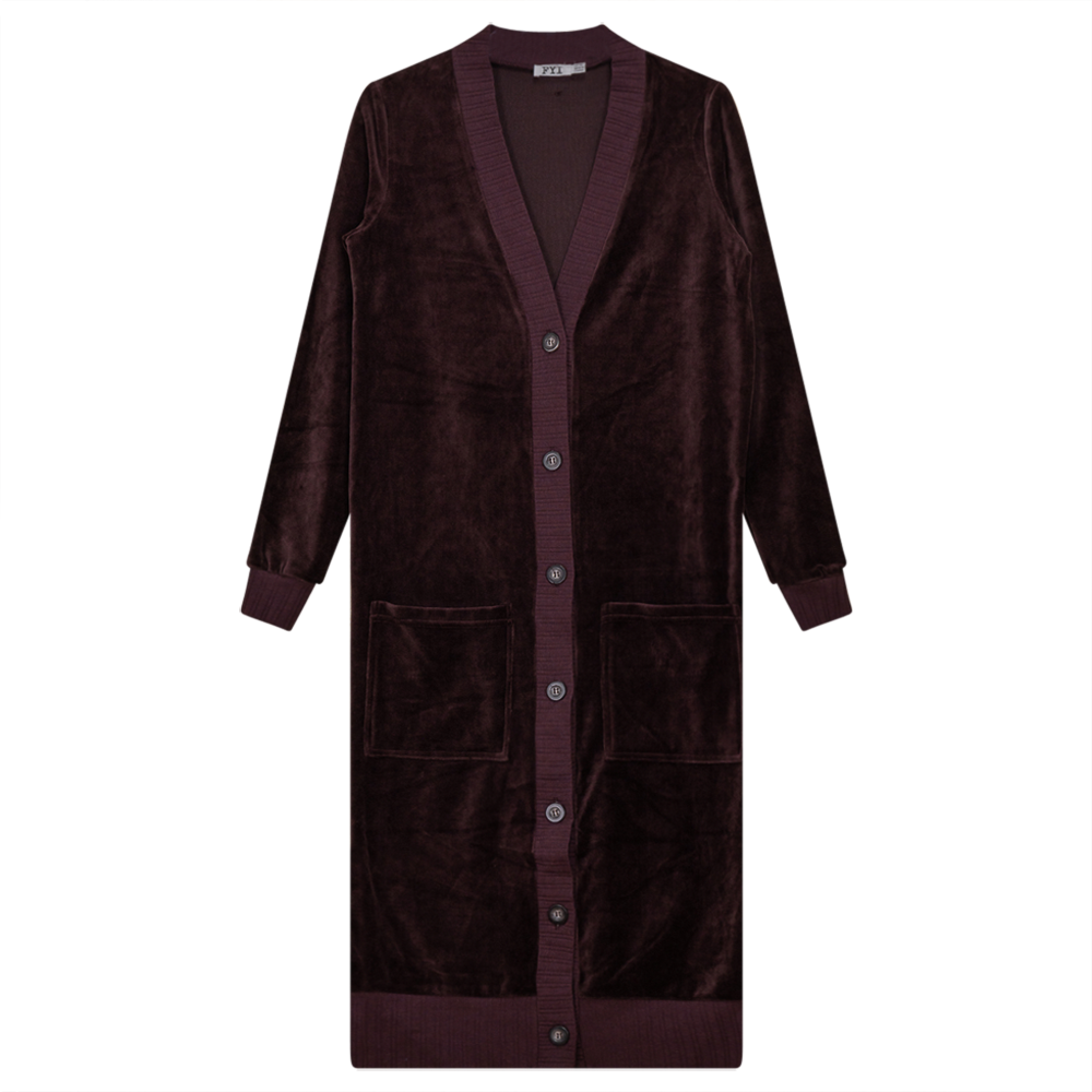 Cotton Velour Long Cardigan in Wine by FYI