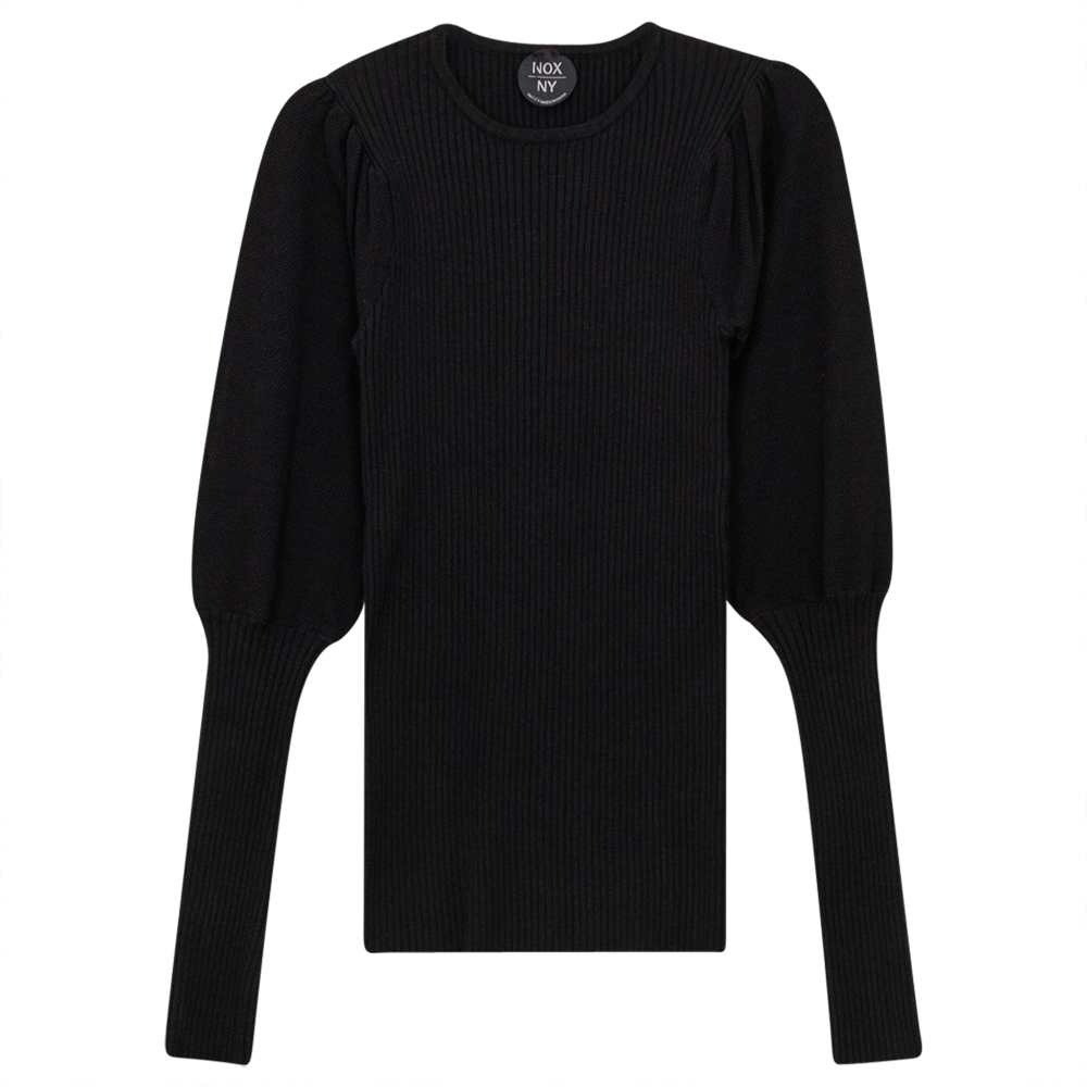 Rib Knit Top With Puff Sleeves in Black by NOX-NY