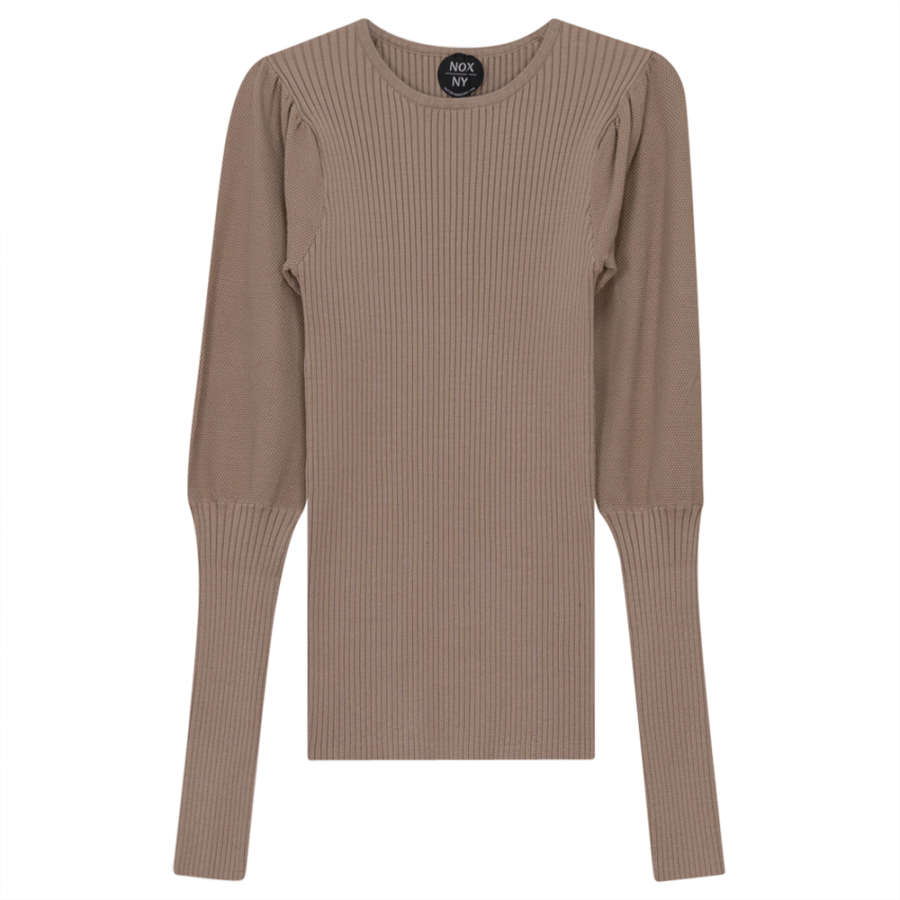Rib Knit Top With Puff Sleeves in Oatmeal Mix by NOX-NY