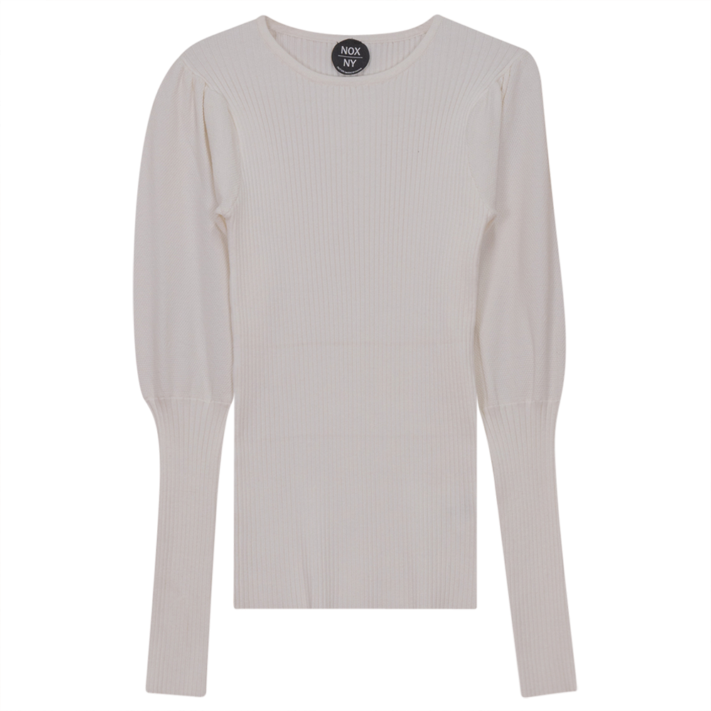 Rib Knit Top With Puff Sleeves in Off White by NOX-NY