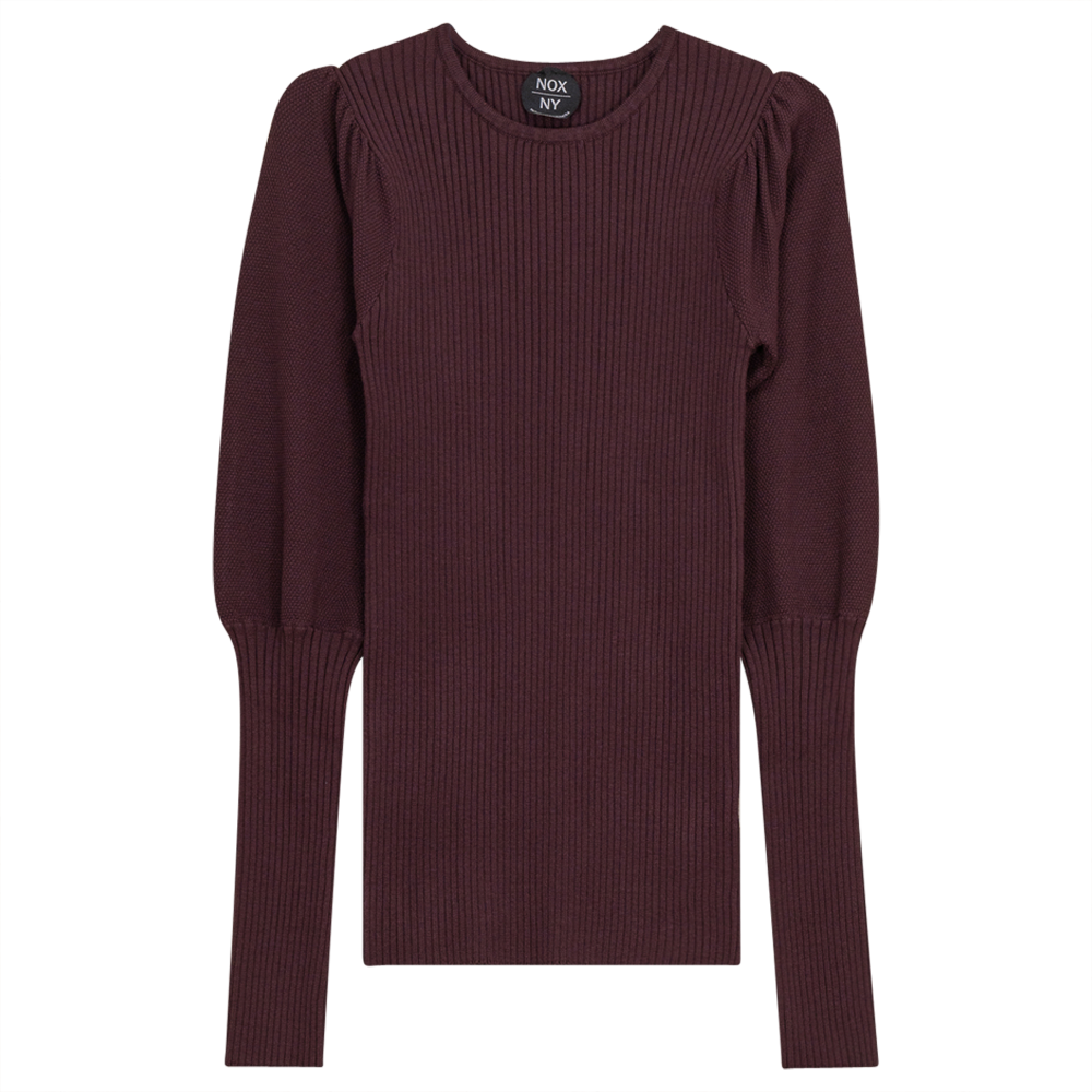 Rib Knit Top With Puff Sleeves in Wine by NOX-NY