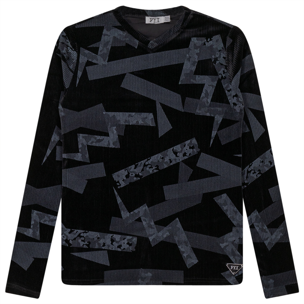 Rib Velour Print Top With V-Neck in Black by FYI