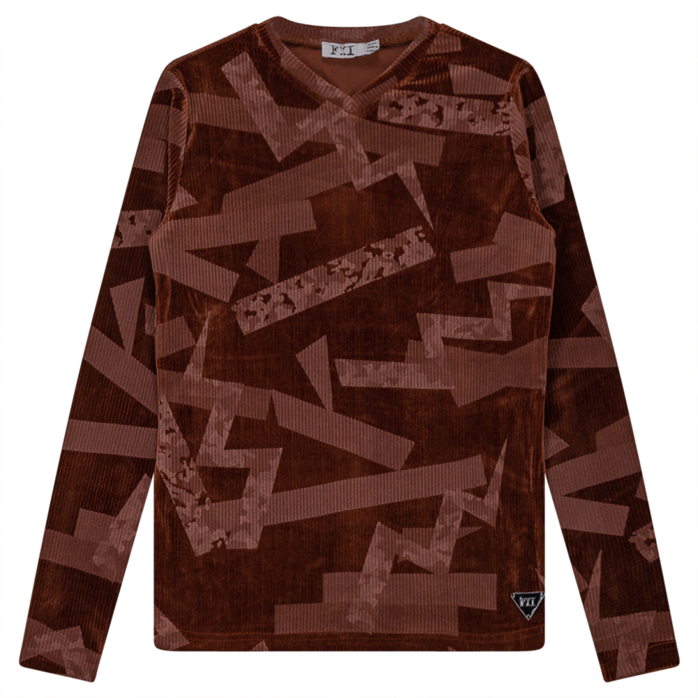 Rib Velour Print Top With V-Neck in Cognac by FYI