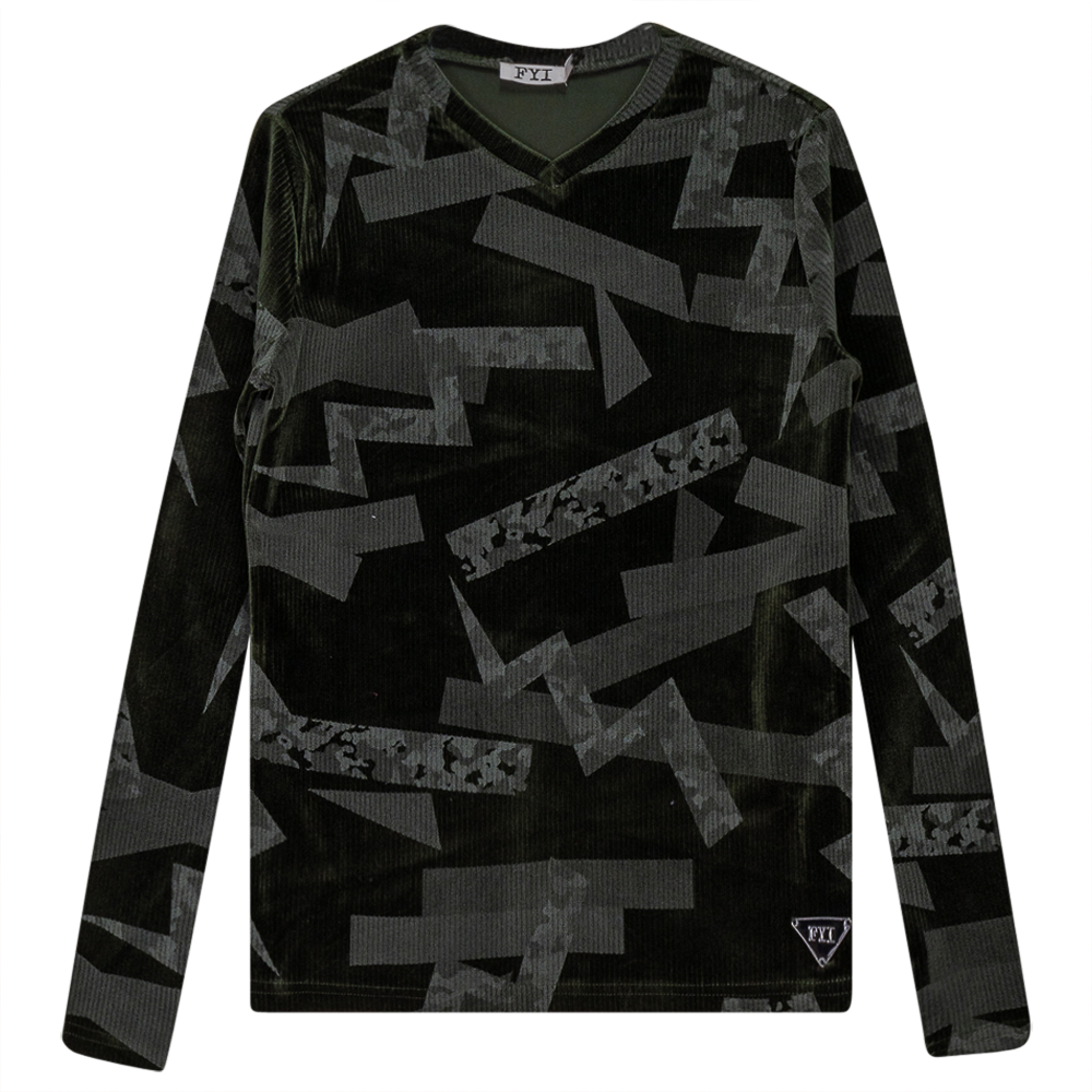 Rib Velour Print Top With V-Neck in Olive by FYI