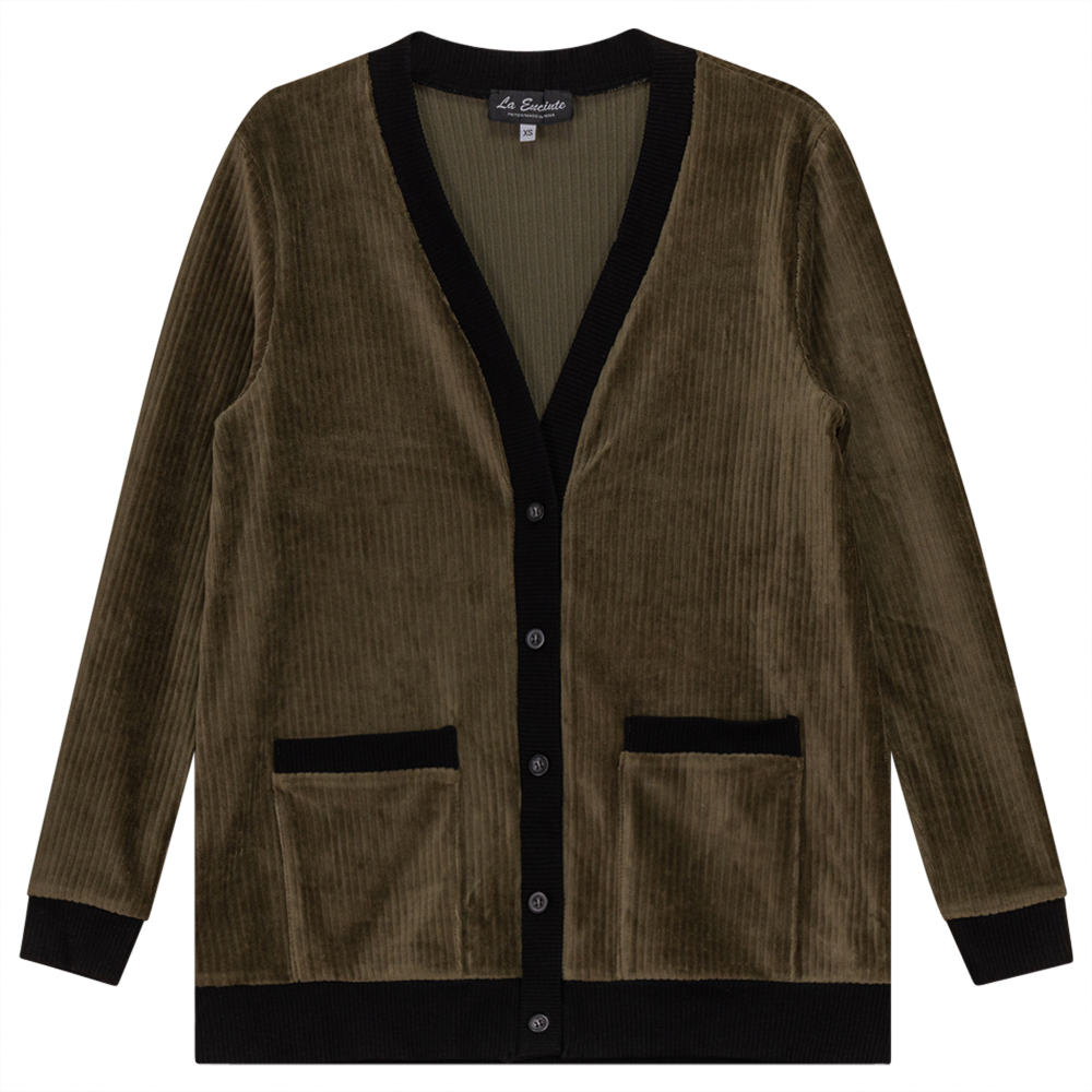Maternity Ribbed Velour Contrast Cardigan in Olive by La Enceinte