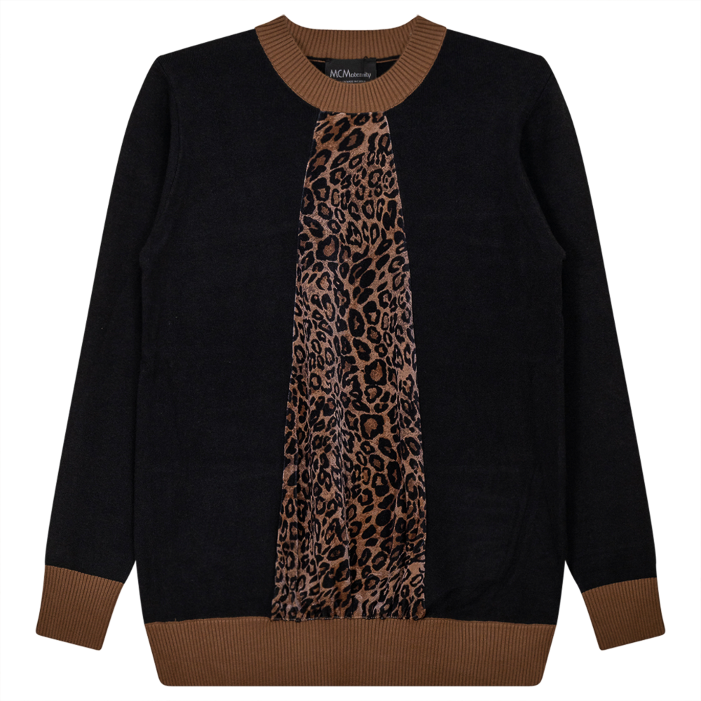 Maternity Knit Leopard Design Sweater in Black Taupe by MCM